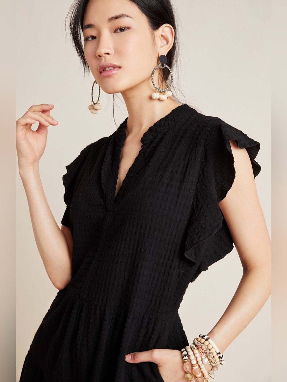 Anthropologie AMADI Adler Black Tiered Flutter Sleeve Tunic Dress - Small